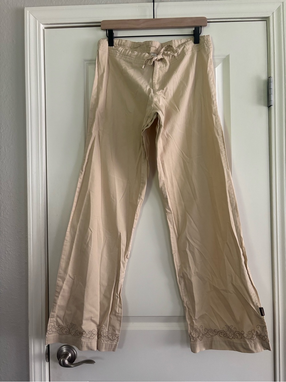 Vintage prAna Wide Leg Drawstring Khaki Pants with Floral Embroidery Size Large